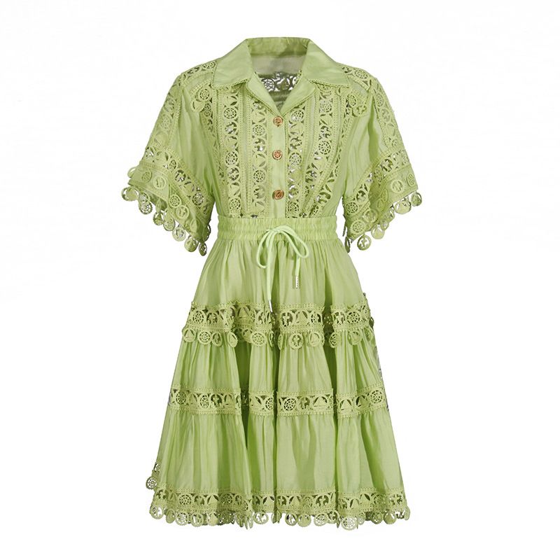 Romantic 2025 Summer New Style Lapel Embroidered Lace Short Shirt Paired With Elegant Half Skirt Set_voghion.com
