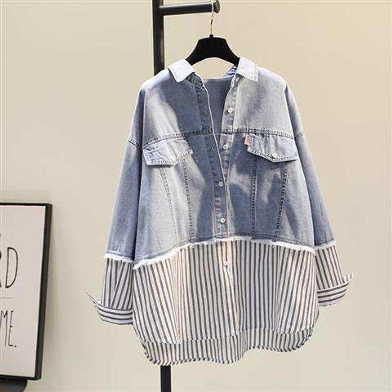 Women's Clothing Two Piece Denim Patchwork Shirt Jacket Spring And Autumn New Women's Korean Vertical Striped Tassel Casual Shirt Cardigan_voghion.com