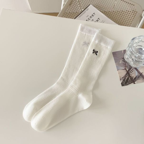Calzini lunghi estivi in maglia sottile stile coreano, da donna, con fiocco, da balletto bianco, a metà polpaccio, in puro cotone._voghion.com