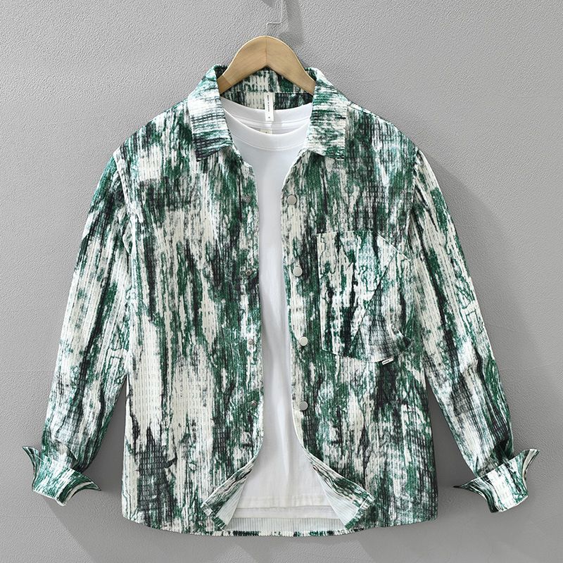 Camicia a maniche lunghe con bottoni scuri e effetto tie-dye per uomo, alla moda e versatile, top casual e ampio._voghion.com