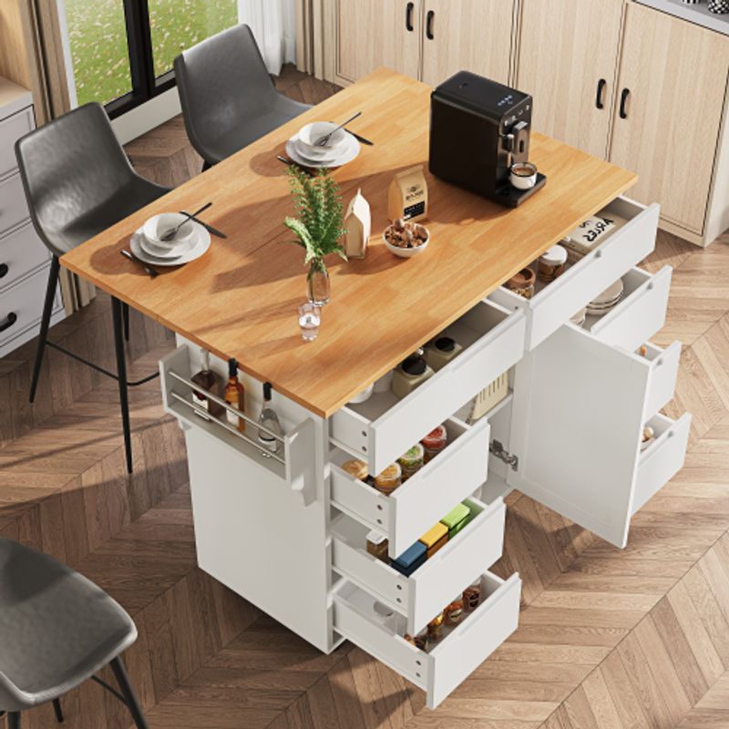 Moderne Kücheninsel, Küchenschrank, Ausziehbarer Küchenwagen Mit Rollen Und Arbeitsplatte, Servierwagen Mit Gewürzregal Und 8 Schubladen, Weiß_voghion.com