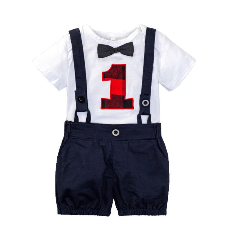 Children's new baby boy gentleman's jacket short-sleeved triangle romper suit bow tie suspenders suit_voghion.com
