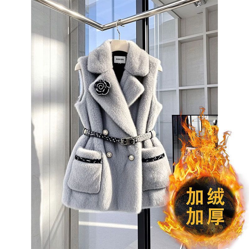 Elegante gilet invernale in stile francese per donna - Rifiniture in pelliccia sintetica di visone, design che stringe la vita, fodera in caldo pile, grigio_voghion.com