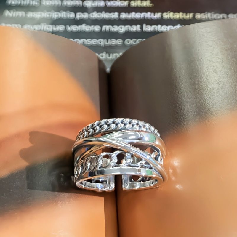 S Reines Silber Damenmode Unregelmäßiger offener Ring im kubanischen Kettenstil für den Arbeitsplatz Trendy Accessoire_voghion.com