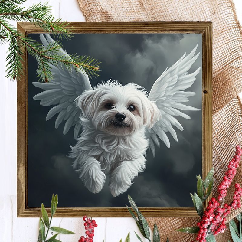 Gerahmter weißer Malteser-Hund aus Holz mit Flügeln, 20 x 20 cm – Bezaubernde Wandkunst für Zuhause und Büro, perfektes ästhetisches Geschenk im Landhausstil_voghion.com