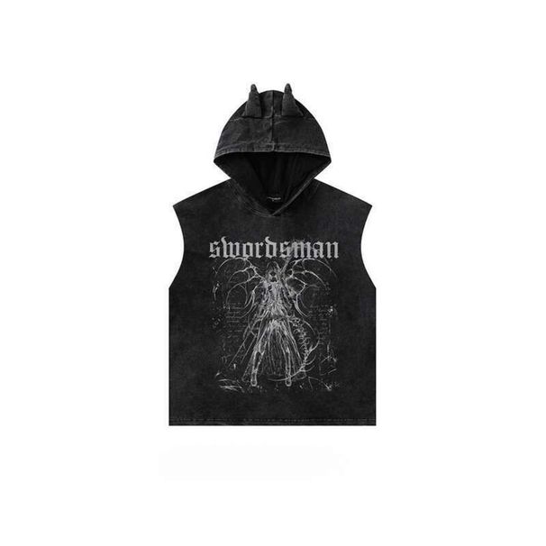 Trendy Dark Washed Cross Devil Loose Hooded Sleeveless T-Shirt Vest_voghion.com
