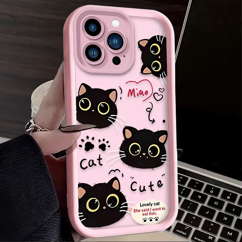 Süße Big Eye Black Cat Handyhülle für iPhone 16 15 14 13 12 11 Pro Max X XS X S Max XR SE 2020 7 8 Plus Stoßfeste Silikonhülle_voghion.com