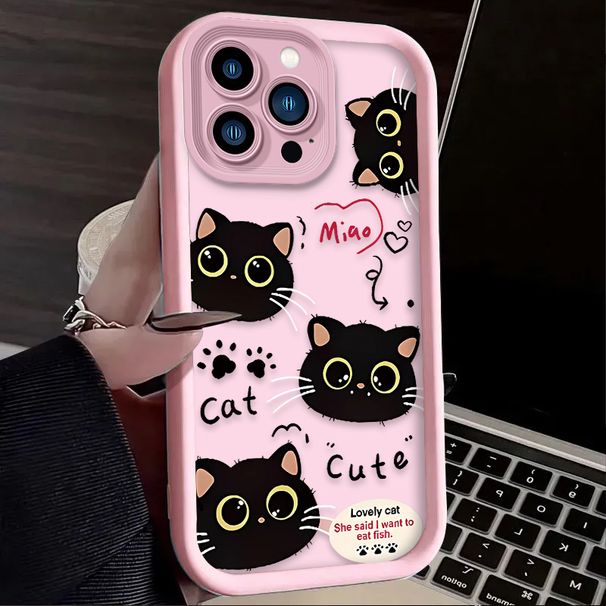 Süße Big Eye Black Cat Handyhülle für iPhone 16 15 14 13 12 11 Pro Max X XS X S Max XR SE 2020 7 8 Plus Stoßfeste Silikonhülle_voghion.com