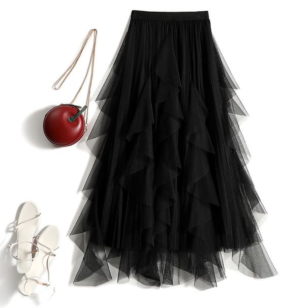 Spring and Autumn New waisted Irregular High end Mesh Half length Skirt for Women, Covering the Hips, Medium length,_voghion.com