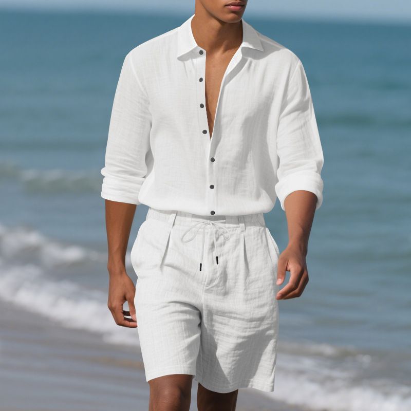 Summer American Style Loose Linen Men's Simple Long Sleeve Shirt Casual Shorts Beach Set_voghion.com