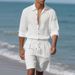 Summer American Style Loose Linen Men's Simple Long Sleeve Shirt Casual Shorts Beach Set_voghion.com