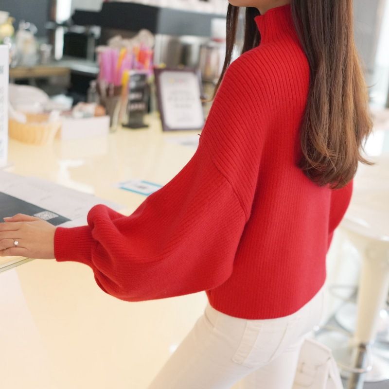 Half turtleneck base slimming sweater loose pullover lantern sleeve sweater_voghion.com