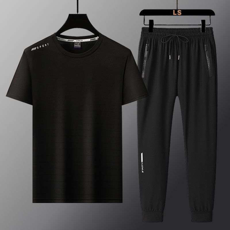 Herrenanzug Eisseide Kurzarmhose Herren Trendy Große Größe Zweiteiliger Anzug Lässiger Laufsportanzug_voghion.com