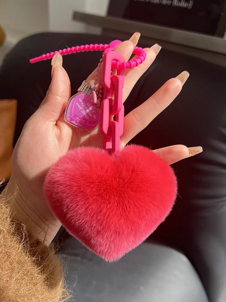 Cadena creativa de silicona con forma de corazón de piel de conejo Rex auténtica, colgante exquisito para mochila, adorno para pareja, llavero para coche_voghion.com