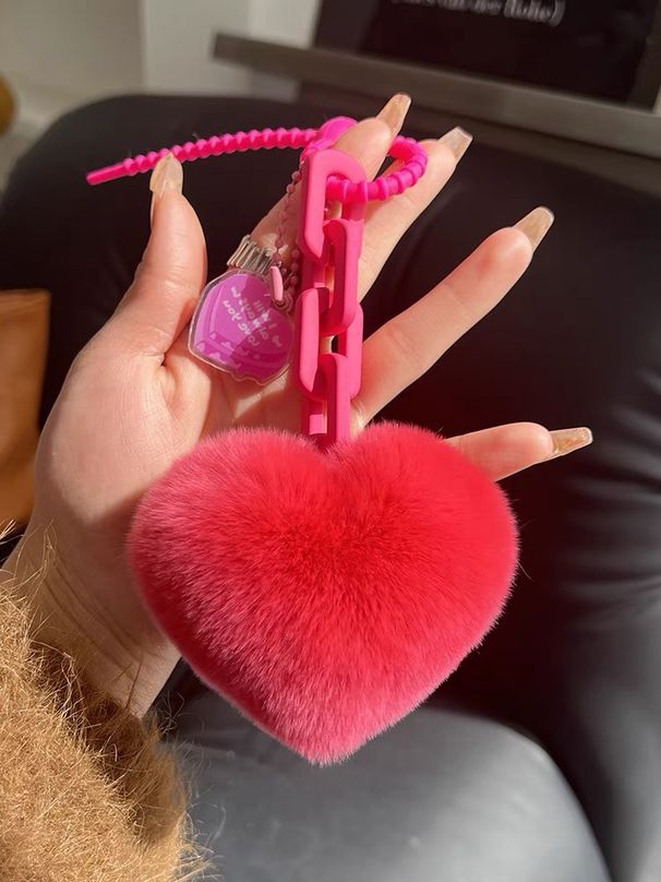 Cadena creativa de silicona con forma de corazón de piel de conejo Rex auténtica, colgante exquisito para mochila, adorno para pareja, llavero para coche_voghion.com