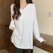 T-shirt mi-long chaud Derong blanc pour femme, col en V, manches longues, doublure polaire, automne et hiver, grande taille_voghion.com