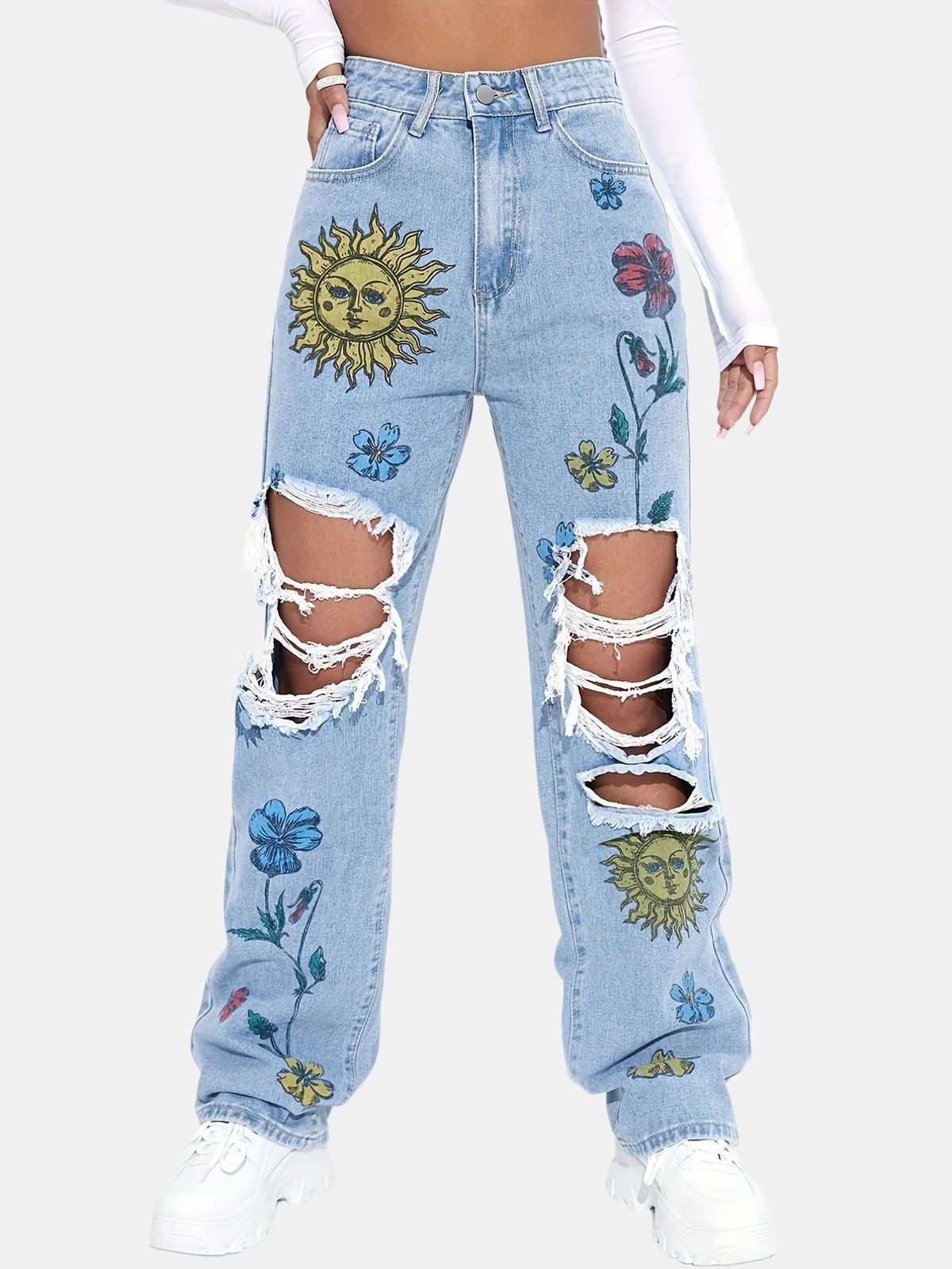 Damenbekleidung Mode Ripped Print Gerade High Waist Slim Denim Hose Vielseitige Trendy Jeans_voghion.com