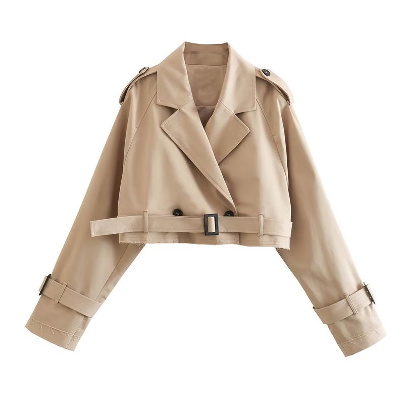 ​​Stylische Kurzjacke mit Gürtel für Damen – Lässiger, langärmliger Kurzmantel aus Polyester-Baumwoll-Mischgewebe mit Reverskragen_voghion.com