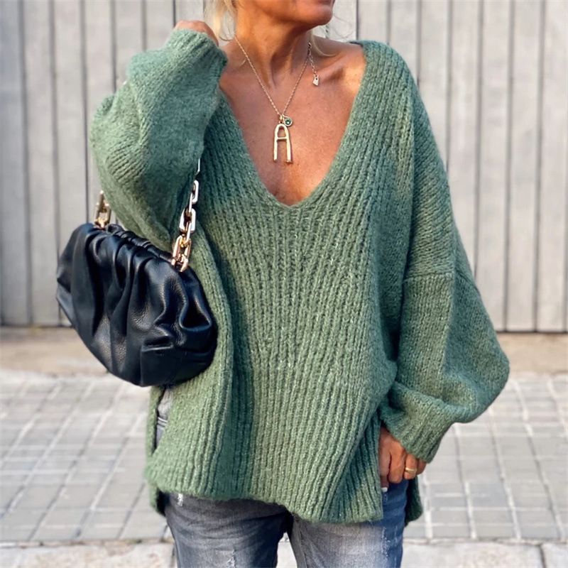 Pull ample en tricot à col en V avec côtés fendus pour femme 2025_voghion.com