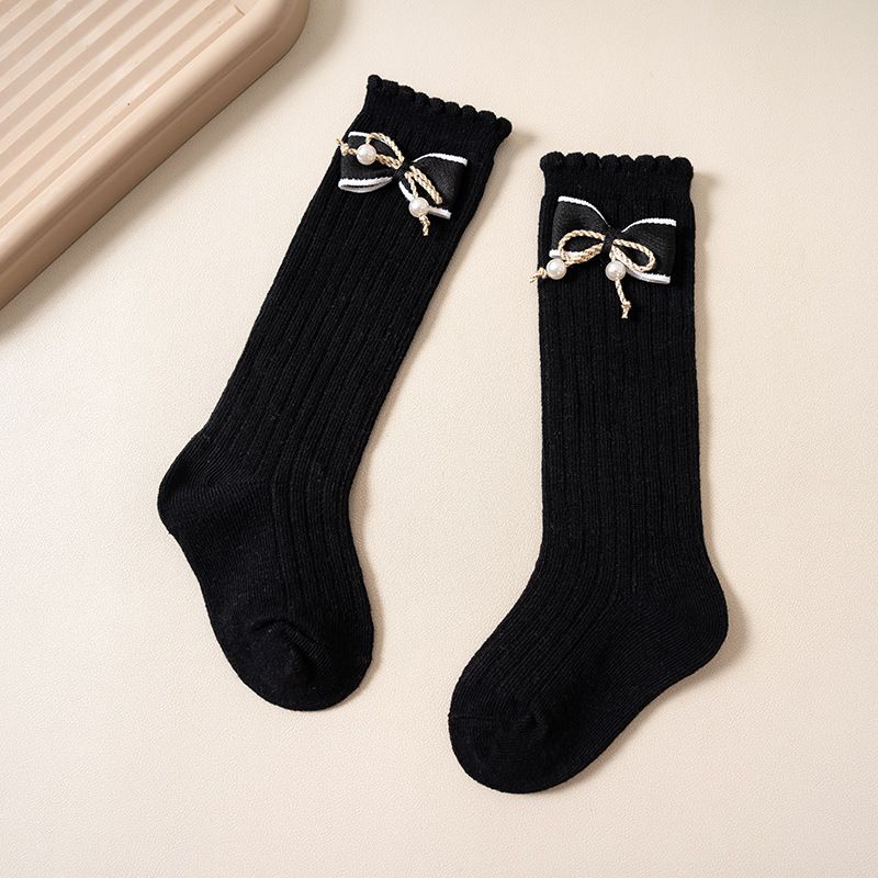 Mutter & Kinder Gestapelte Socken Einfarbig Doppel Nadel Wadensocken Mädchen Baby Herbst und Winter Vertikal Gestreifte Bowknot Mittelrohr Socken Großhandel_voghion.com