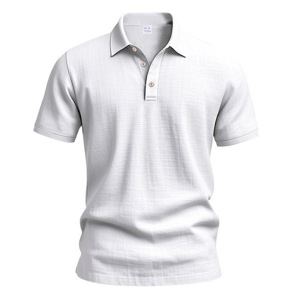 25 Summer Men's New Linen Solid Color Loose Simple Turn-Down Collar Outdoor Casual Polo Shirt For Men_voghion.com