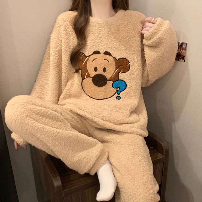 2024 New Korean Edition Card Winter Half Fleece Thick Round Neck Long Sleeve Pant Pajama Women' Set Caual Home_voghion.com