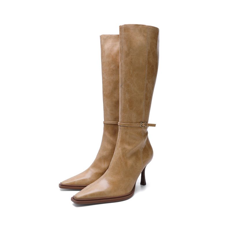 Zapatos de mujer, botas largas y estrechas con hebilla y punta puntiaguda, botas de mujer con tacón de aguja, nuevas botas de moda de otoño e invierno con cremallera lateral y tacón alto_voghion.com