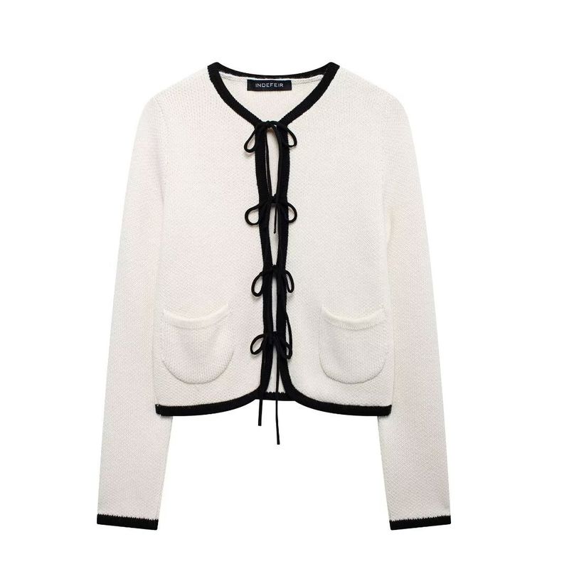 Women's clothing 2024 autumn and winter new item tie fixed long sleeved V-neck knitted cardigan_voghion.com