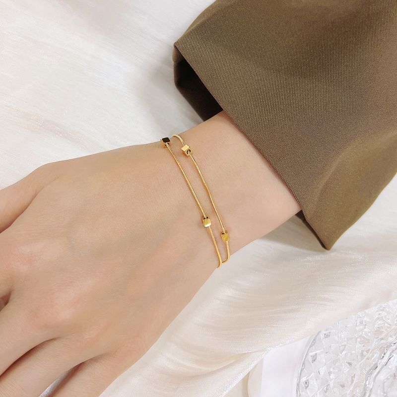 Advanced Simple Golden Three-dimensional Small Square Double-layer Snake Bone Bracelet Women's  Gold-plated Titanium Steel Color-free ins Fashion_voghion.com
