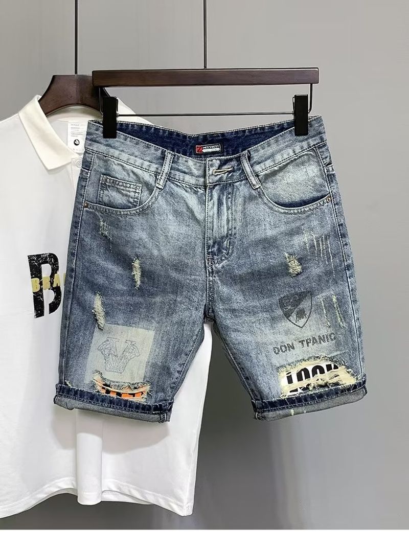 Abbigliamento da uomo Pantaloncini in denim alla moda da uomo, nuovi pantaloncini casual all-match in stile estivo con fori stampati_voghion.com