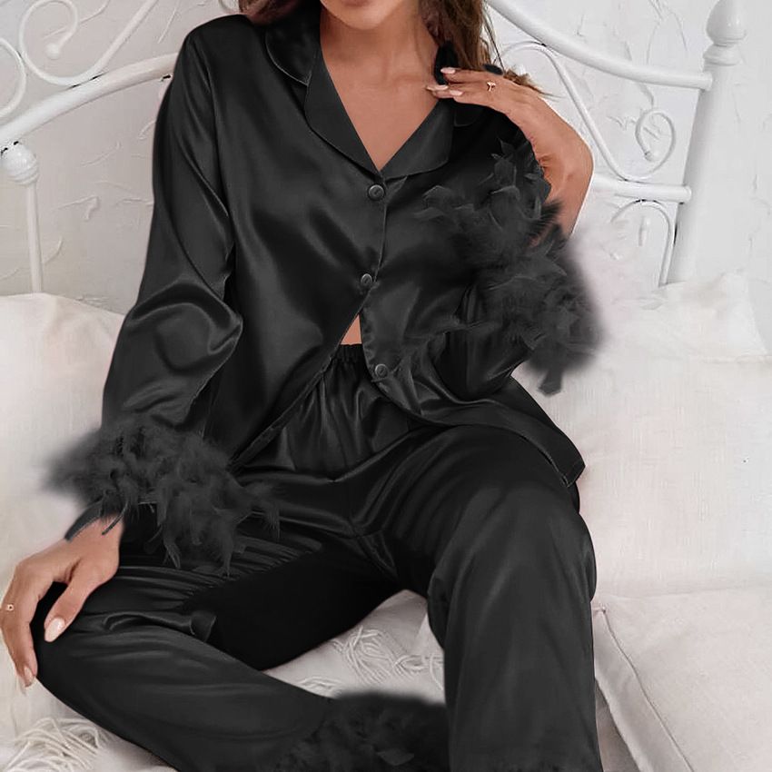 Rosa süße Mode Satin Feder bequeme langärmelige Hose Pyjama zweiteiliges Set Homewear_voghion.com