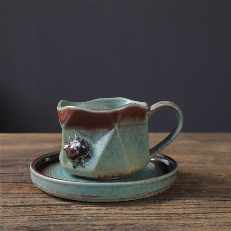 Retro Kiln Transformation Koffiekopje en Bord Set Keramische Kop Kleine Capaciteit Thuis Middag Thee Espresso Kopje Creatieve Kever Waterkopje_voghion.com