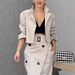 Women’s Clothing Women's Suit Lapel Patchwork No Long Sleeve Top Skirt Two piece Set with Belt_voghion.com