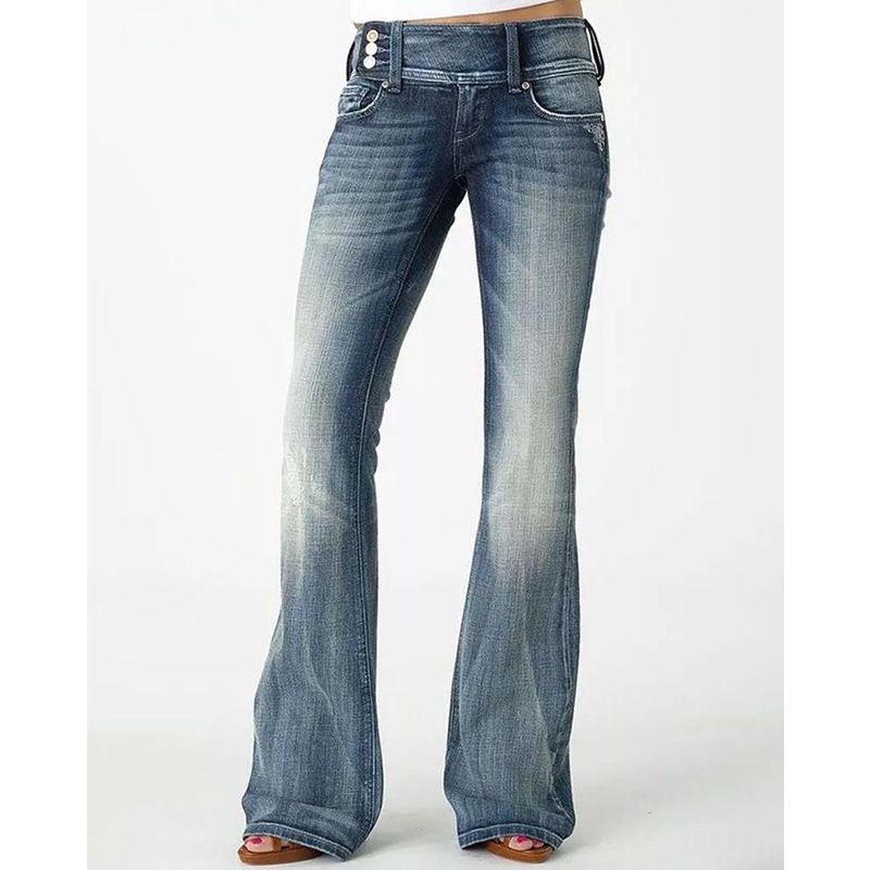 Ropa de mujer Vaqueros retro de cintura media con botones laterales y ligeramente acampanados_voghion.com