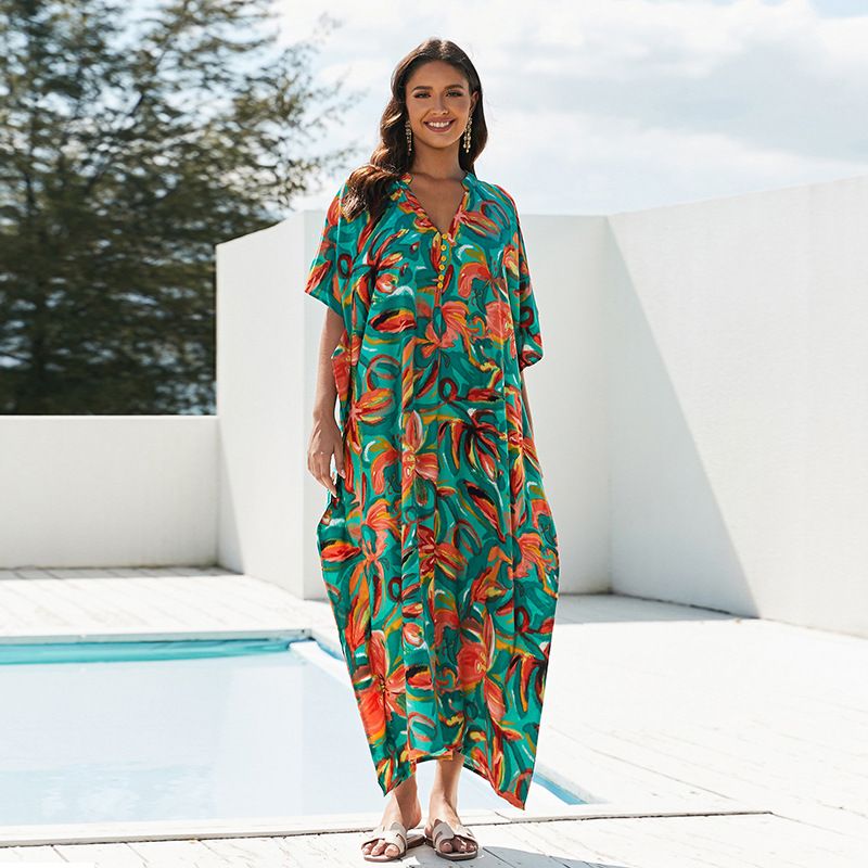 Robe de plage ample en coton imprimé pour femme, vêtement d'extérieur, de vacances, de vacances_voghion.com