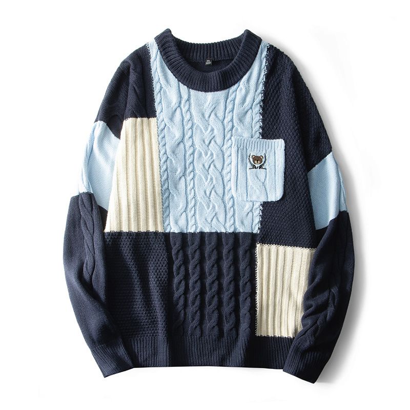 Grobstrickpullover für Herren mit Jacquardmuster – Retro-Farbblock-Pullover, locker geschnittenes, lässiges Langarmshirt mit Rundhalsausschnitt für Herbst und Winter_voghion.com