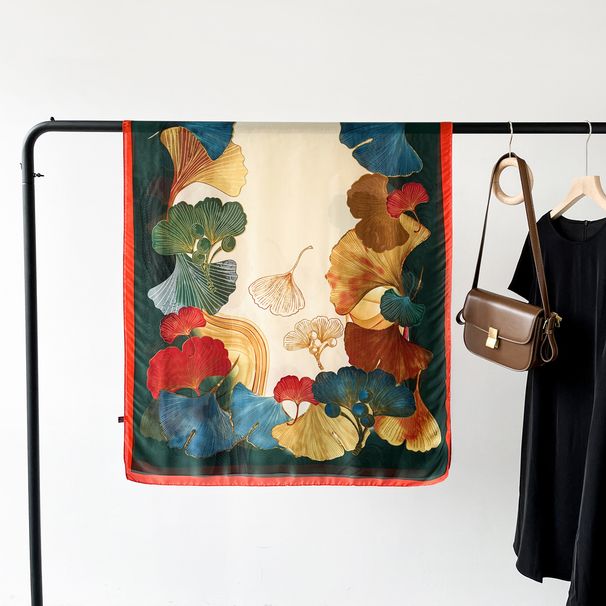 Vår og sommer mellomlang med ginkgo-design simulert silke, vakker natursateng, eksklusivt tekstursjal,_voghion.com