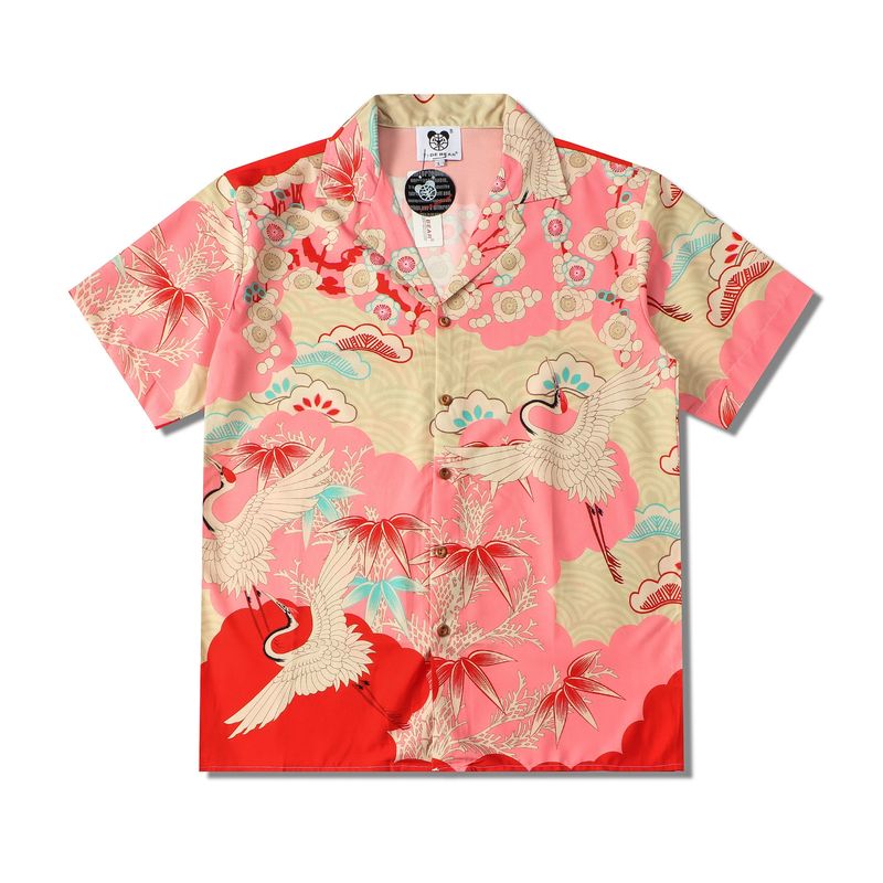 Herrenbekleidung Lässiges High Street Hawaii-Blumenhemd Glückverheißende Wolken und Kraniche Volldruck Strand Strickjacke Kurzarm Herren_voghion.com