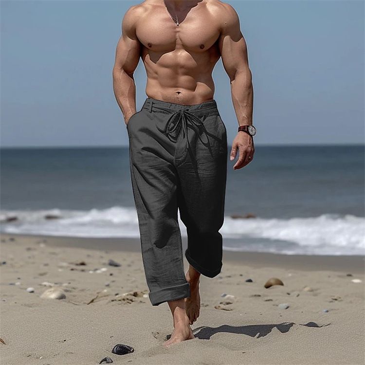 Herrenbekleidung Herren-Strandhose mit Kordelzug, Vordertasche, gerade, einfarbig, bequem, atmungsaktiv, lässig, für den Alltag, Urlaub_voghion.com