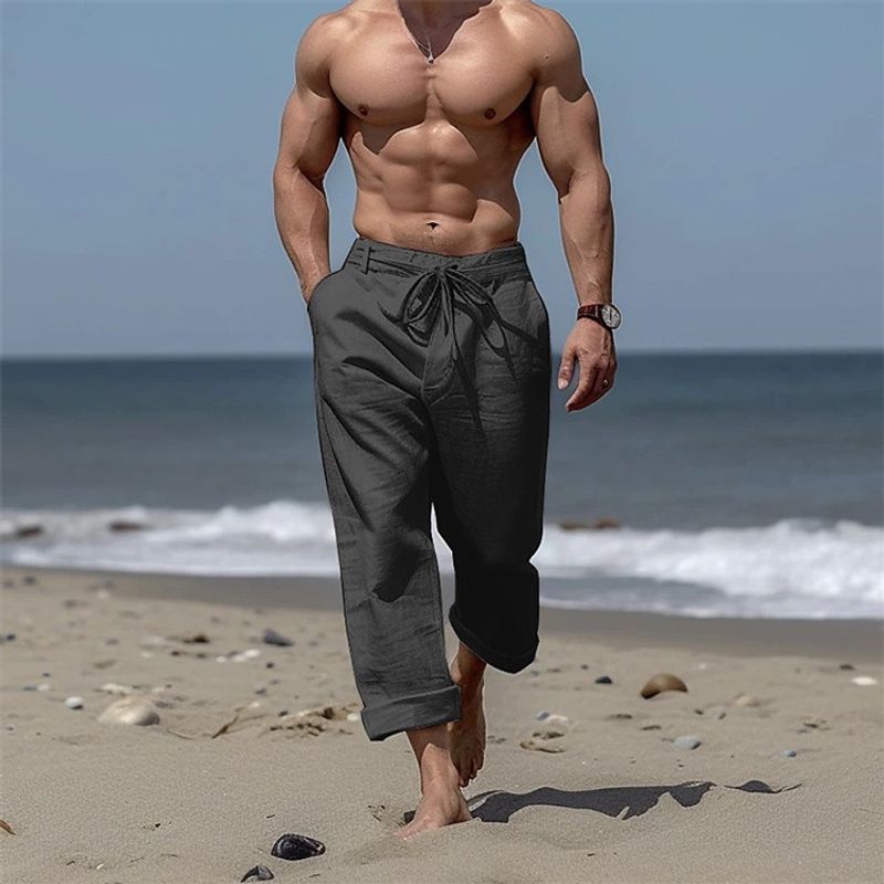Abbigliamento da uomo Pantaloni da spiaggia da uomo con coulisse borsa frontale pantaloni dritti dritti tinta unita comodi e traspiranti pantaloni casual per le vacanze di tutti i giorni_voghion.com