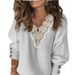 Modische Damenbekleidung, einfarbig, Spitze, V-Ausschnitt, lockerer Langarmpullover_voghion.com