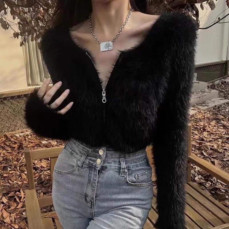 Kurzer Reißverschluss Nerzpelzjacke für Damen in Südkorea, 2024 Herbst und Winter, pelziges Seepferdchen mit langen Ärmeln_voghion.com