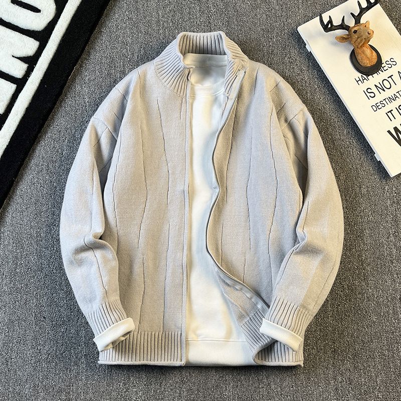 New stand up collar knitted cardigan jacket for men in spring, autumn, and winter. New loose casual sweater trend for outerwear_voghion.com