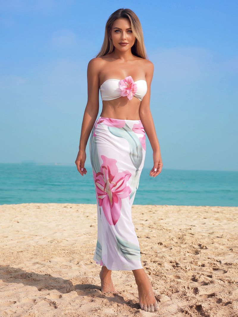 Women's Clothing Bikini Three Piece Set Flower Print Tube Top Slimming Long Skirt Beach Vacation Swimsuit_voghion.com