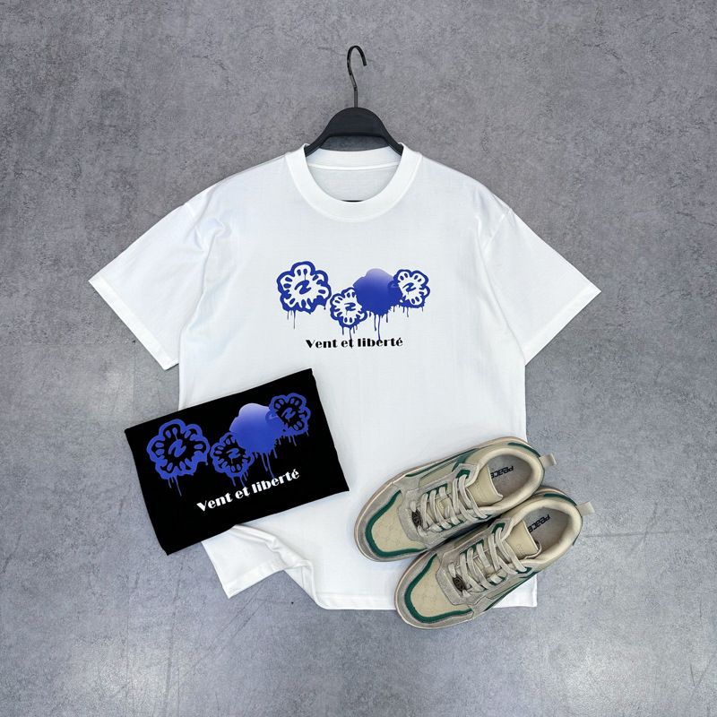 Men's Clothing New summer men's fashion T-shirt flower simple short-sleeved youth loose drop shoulder T-shirt GE1440965E_voghion.com
