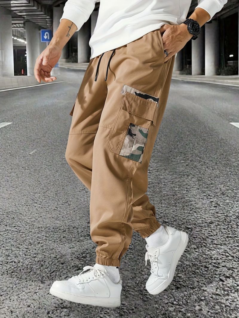 Pantaloni cargo da uomo alla moda con tasche multiple, vestibilità ampia, traspiranti, con coulisse e risvolto._voghion.com