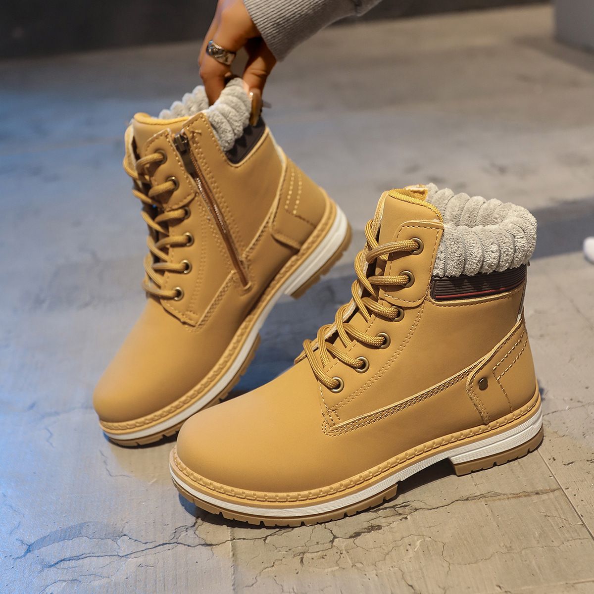 Women's Plus Size Ankle Boots With Side Zipper - Comfortable Low Heel Martin Boots In Black & Yellow (Sizes 36-42)_voghion.com