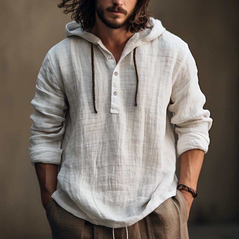 Vêtements pour hommes, chemise en coton et lin, sweat à capuche, manches longues, vêtements quotidiens décontractés, printemps et automne_voghion.com