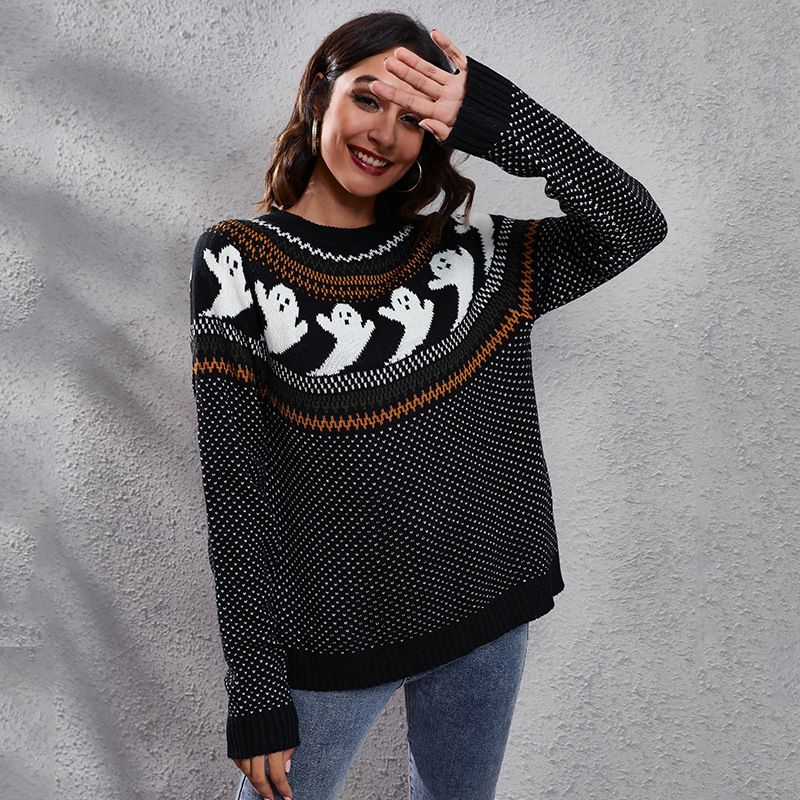 Pull décontracté tricoté à manches longues et à pois pour femmes_voghion.com