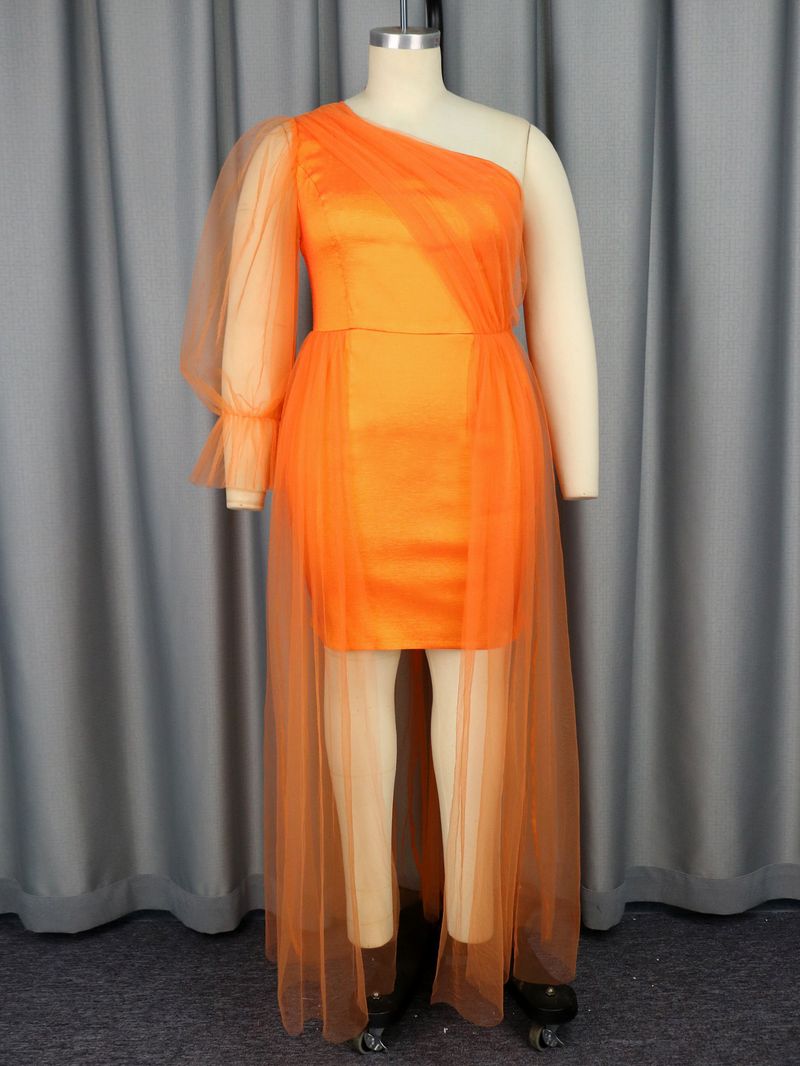 Damen One-Shoulder-Kragen Mesh Splicing Hüftrock Große Größe Bankettkleid Kleider_voghion.com